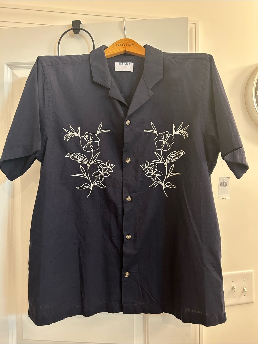 Old Navy Navy Button-Down Camp Shirt with White Floral Embroidery
